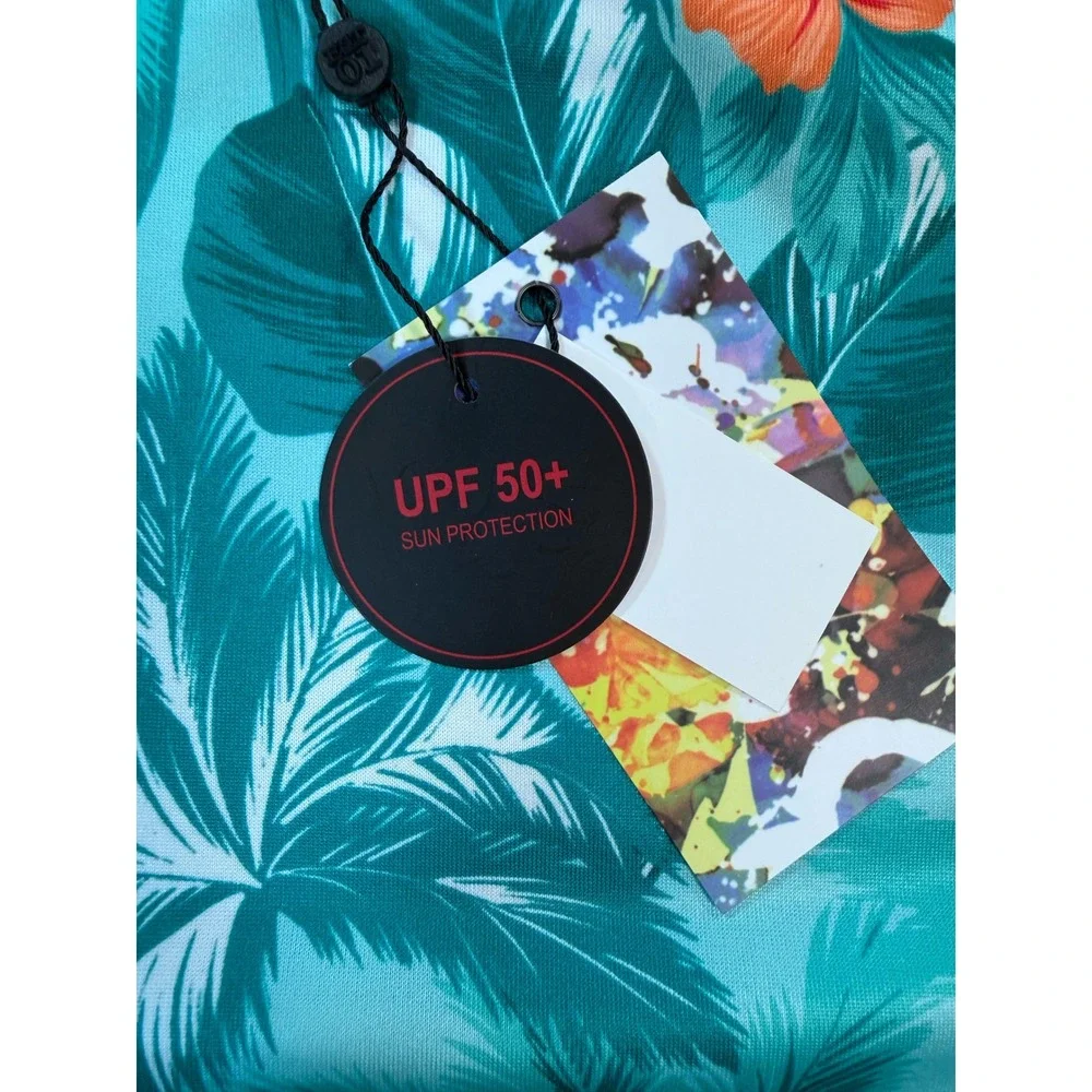 Robert Graham Mens Teal Tropical Palm Floral UPF 50+ Rash Guard Swim Shirt M NEW